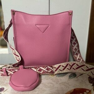 Chic Pink Crossbody Bag with Patterned Strap